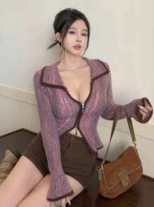 DAZY Women Casual Ombre Color Block Zip Up Fitted Cardigan For Autumn,Fall Women Clothes - Violet Purple - View 2