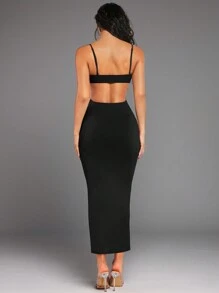 Silquee 素色露背吊帶緊身連衣裙 - 黑色 - 查看 2