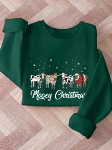 INAWLY Christmas Plus Size Women's Letter & Cow Print Thermal Lined Crew Neck Sweatshirt, Autumn/Winter Pullover Fall - Dark Green - View 1