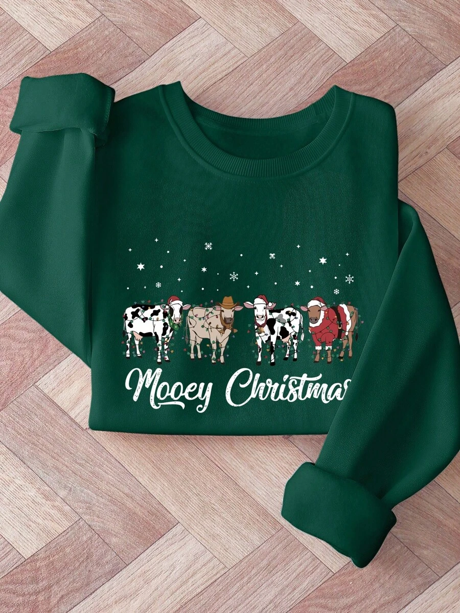 INAWLY Christmas Plus Size Women's Letter & Cow Print Thermal Lined Crew Neck Sweatshirt, Autumn/Winter Pullover Fall - Dark Green - View 1