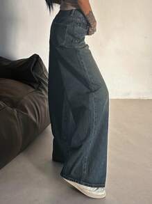 DAZY 女式时尚百搭水洗宽松阔腿牛仔裤 - 中等水洗藍 - 查看 5