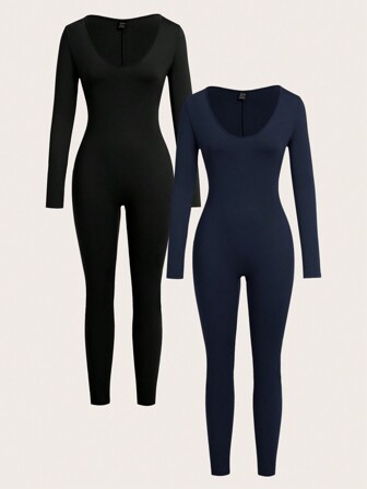 SHEIN SXY 2 件套女士时尚纯色圆领长袖紧身连体裤秋季