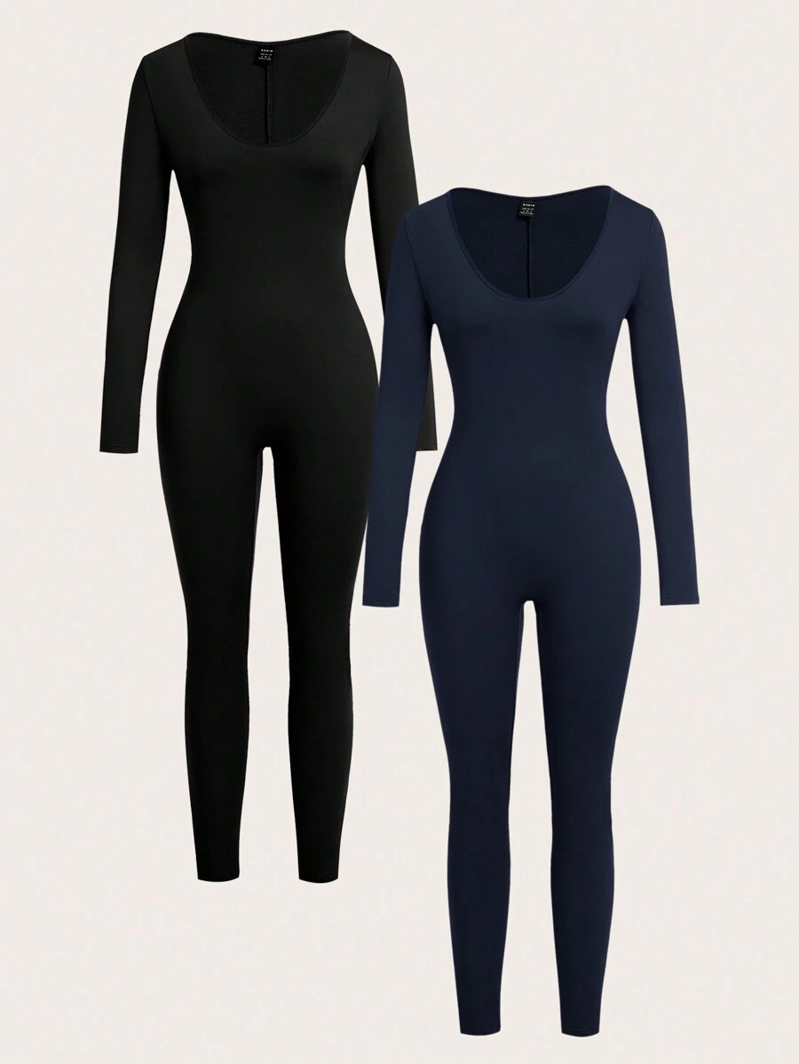 SHEIN SXY Set de 2 piezas Mono ajustado de manga larga cuello redondo de unicolor para mujer para otoño