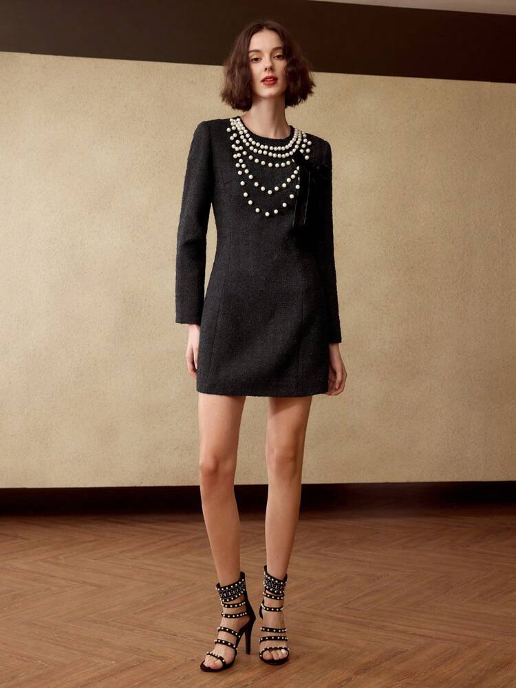 TWEED FAUX PEARL DETAIL SHORT DRESS