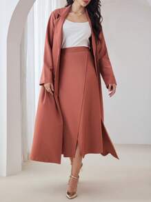 Modelyn 2 件套女士优雅长款开衫外套，配有前扣和翻领和时尚裙子 2 件套 - 珊瑚橙 - 查看 1