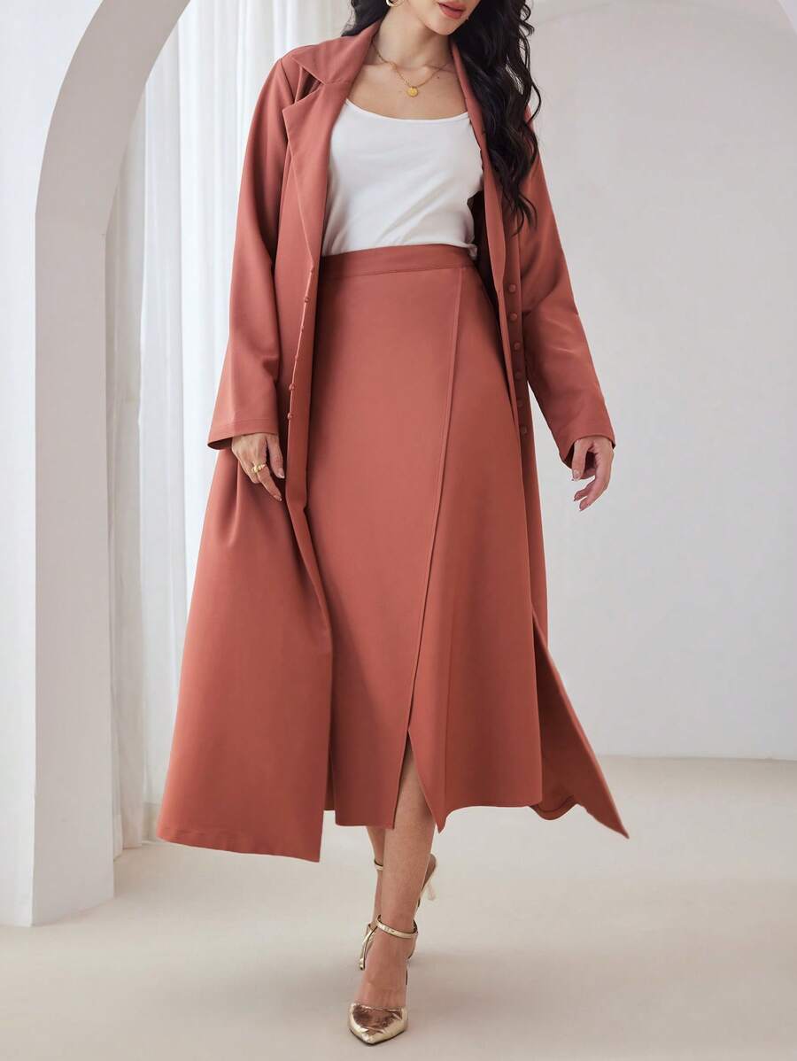 Modelyn 2 件套女士优雅长款开衫外套,配有前扣和翻领和时尚裙子 2 件套 - 珊瑚橙 - 查看 1