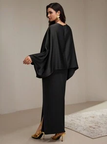 Veilorie 1 套女士优雅纯色船领交叉裹身不对称下摆上衣和开衩下摆裙子两件套 2 件套适中 - 黑色 - 查看 6