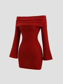 Sweetra Women's Solid Color Off-Shoulder Bell Sleeve Bodycon Mini Dress, Autumn Fall Cloth For Women - Redwood - View 3