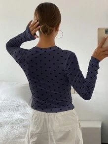 DAZY 波尔卡圆点修身圆领长袖休闲女式上衣，秋季服装学院风上衣 - 藏蓝色 - 查看 5