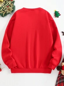 圣诞节男士休闲驯鹿、圣诞灯、雪花图案、家庭口号字母印花保暖内衬圆领运动衫，适合圣诞节家庭聚会、秋冬季 - 紅色 - 查看 2