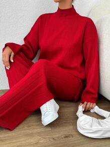 EURMUSE Mock Neck Drop Shoulder Sweater & Knit Pants