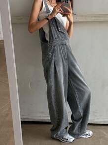 DAZY 女式宽松休闲可调节肩带牛仔工装裤，带口袋 - 灰色 - 查看 1