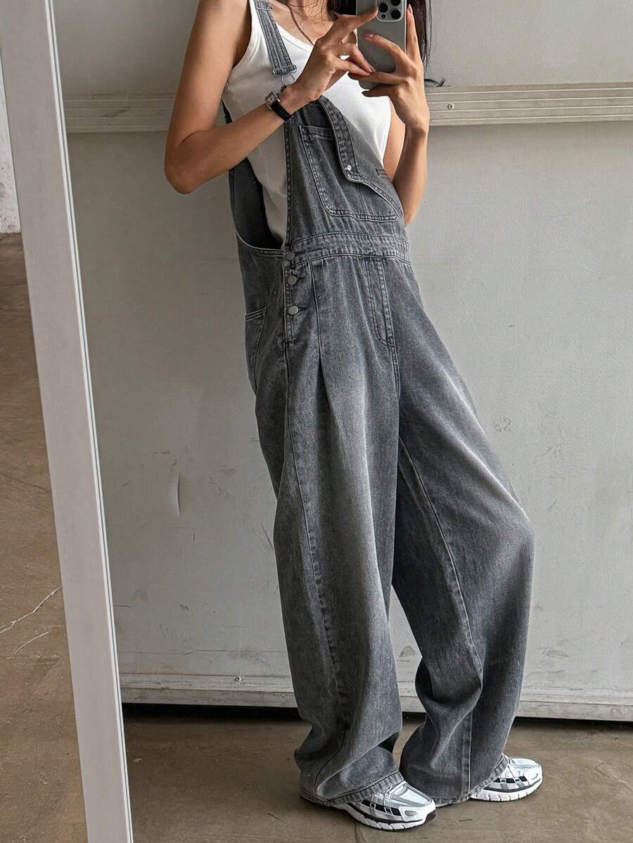 DAZY 女式宽松休闲可调节肩带牛仔工装裤，带口袋 - 灰色 - 查看 1