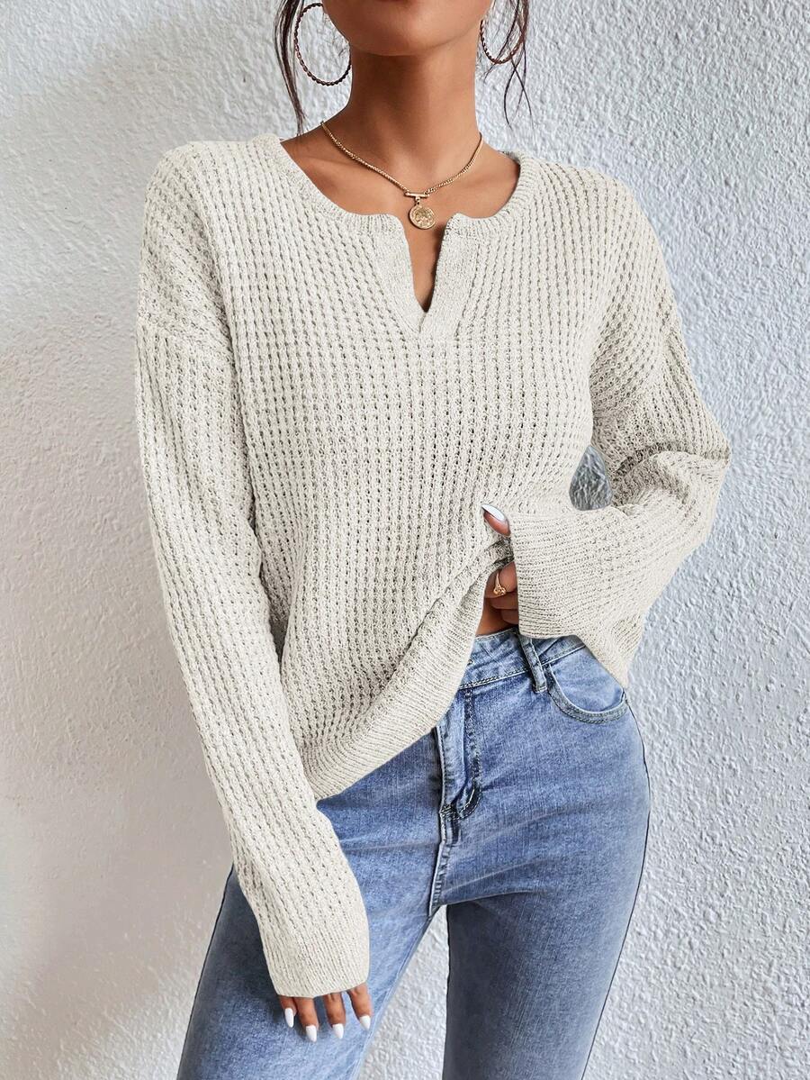 SHEIN Frenchy Notched Neck Drop Shoulder Collar Detail Sweater - White - View 1