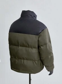 Manfinity VCAY 年轻男士时尚休闲长袖棉服夹克，日常穿着，缝线英式刺绣细节，宽版剪裁，适合秋冬 - 軍綠色 - 查看 2