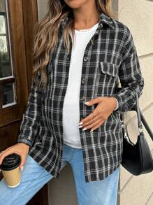 SHEIN Maternity Front Button Long Sleeve Pocket Simple Plaid Casual Jacket - Black - View 1