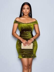 SOLERSUN Women Elegant Chic Solid Color Off Shoulder Ruffle Fitted Mini Dress - Green - View 4