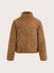Forever 21 Chaqueta casual con cremallera y forro de borreguito para mujer talla grande en invierno - Camel - Ver 2