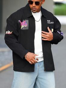 Manfinity LEGND Plus Size Men Letter & Graphic Print Zipper Front Casual Denim Jacket, Versatile Style