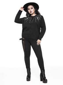ROMWE Goth 哥特式蜘蛛网刺绣大码女式针织开衫，秋冬款 - 黑色 - 查看 6