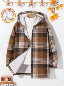 Tween Boy Casual Collegiate Thick Plaid Long Jacket, Suitable For Commuting, School, Daily Casual Outings, Sports, Autumn/Winter - Khaki - View 1