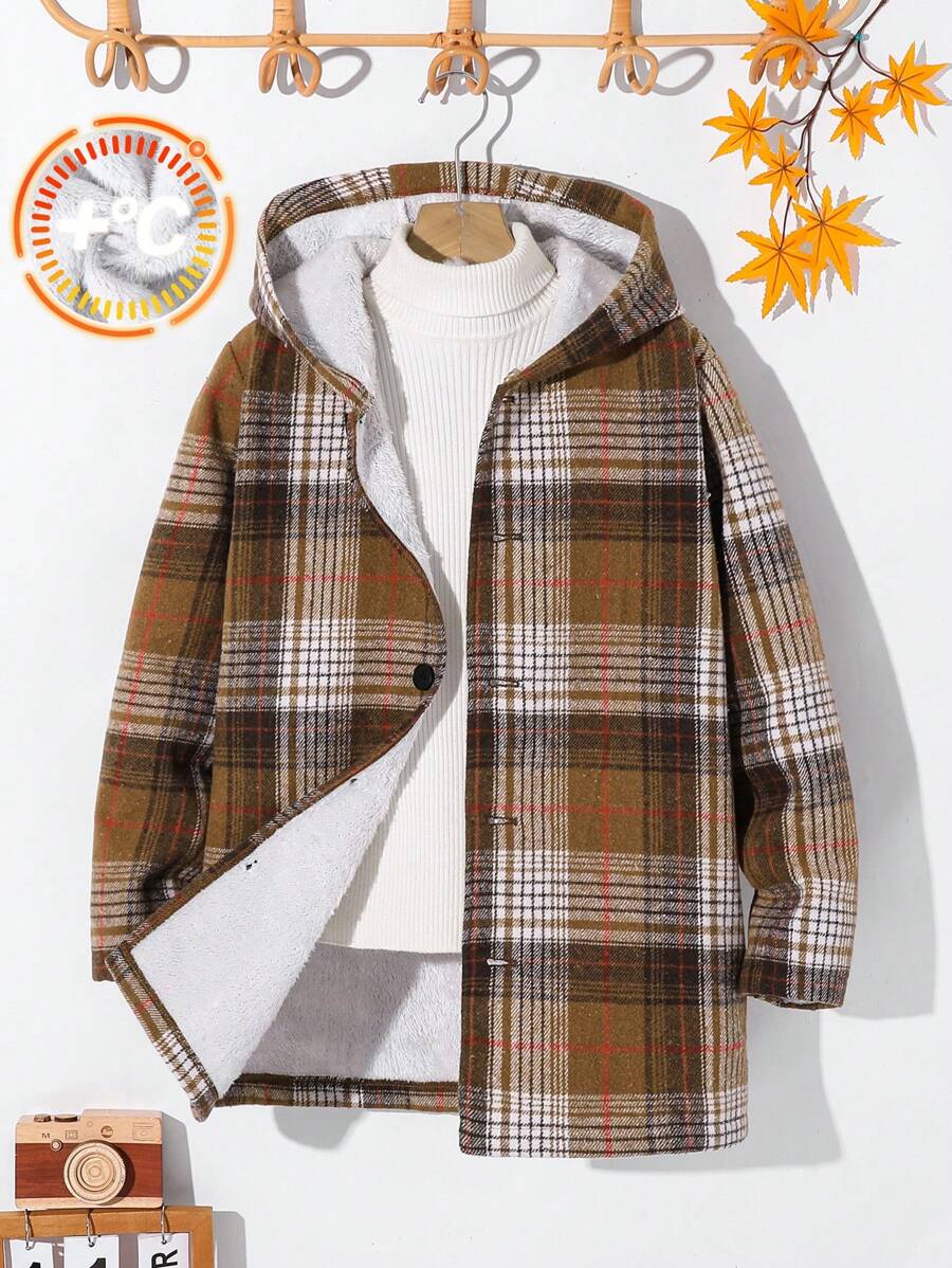 Tween Boy Casual Collegiate Thick Plaid Long Jacket, Suitable For Commuting, School, Daily Casual Outings, Sports, Autumn/Winter - Khaki - View 1