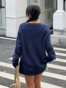 SHEIN EZwear 女士休闲拼色套头衫，适合秋冬季 - 藏蓝色 - 查看 2