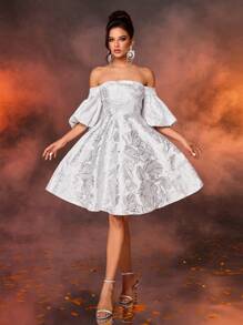 SHEIN Belle Thanh lịch và lộng lẫy bằng vải satin jacquard bạc một bên vai dài tay viền chữ A phù hợp cho tiệc độc thân buổi tối, tiệc vũ hội, váy bán trang trọng, cho sinh nhật, khách dự tiệc cưới, tiệc tốt nghiệp - Bạc - Xem 3