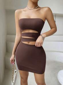 Chiquease 1 chiếc váy ngắn không tay xếp ly màu trơn khoét lỗ - Màu nâu  Mocha - Xem 6