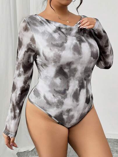 SHEIN Frenchy Plus Size Floral Print Minimalist Long Sleeve Bodysuit, Casual Everyday Wear