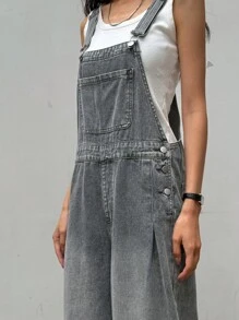 DAZY 女式宽松休闲可调节肩带牛仔工装裤，带口袋 - 灰色 - 查看 3