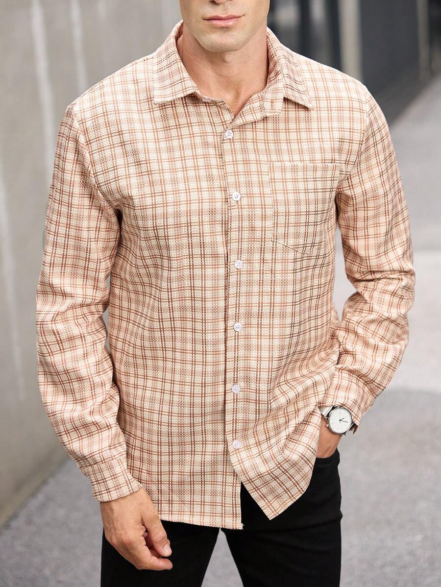 Manfinity Homme قميص كاجول طويل الأكمام للرجال بطباعة مربعات، للخريف ،للخروج - متعدد الألوان - مشاهدة 1