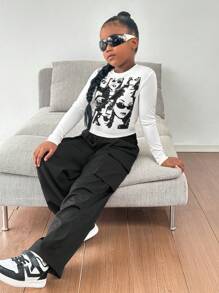 Conjunto de 2 piezas para niñas preadolescentes: Camiseta de manga larga ajustada con estampado de retrato y pantalones de utilidad de unicolor, conjunto de ropa informal para otoño/invierno