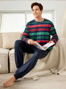 Bộ đồ ngủ sọc nhiều màu cho nam 2 món, áo và quần xanh navy, trang phục mặc ở nhà - Màu xanh hải quân - Xem 4