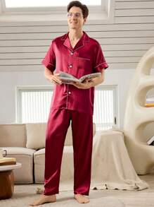 SHEIN 2 件套男士简约马球领纽扣短袖上衣和长裤睡衣套装 - 酒紅色 - 查看 8