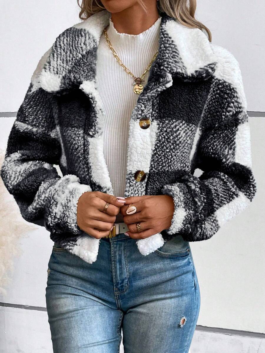 SHEIN LUNE 大码格子羊毛夹克冬季女装度假装 - 黑與白 - 查看 1