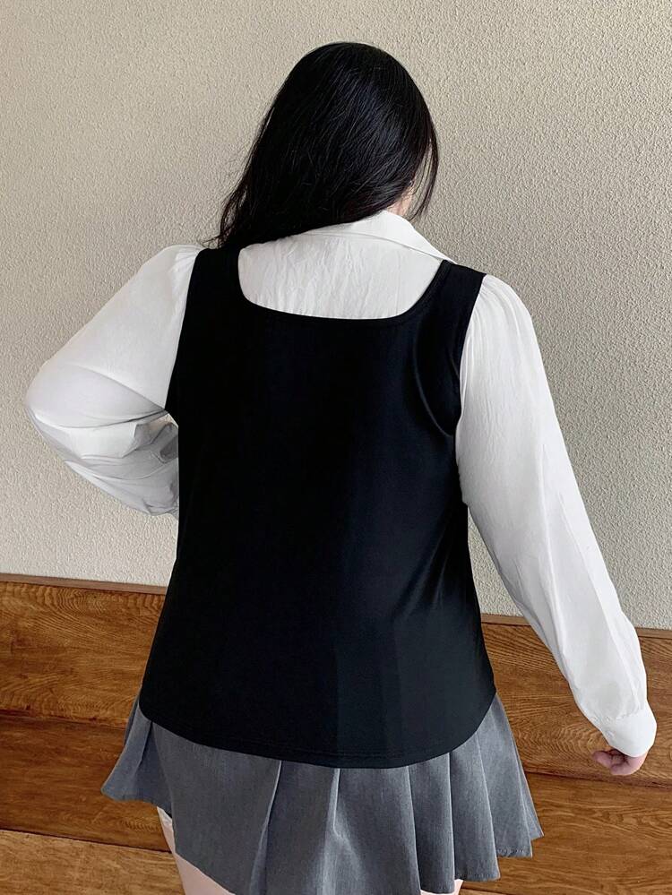 Dazy Plus Plus Size Women Colorblock Patchwork 2 In 1 Sleeveless Shirt, Autumn,Fall Women Clothes Long Sleeve Top