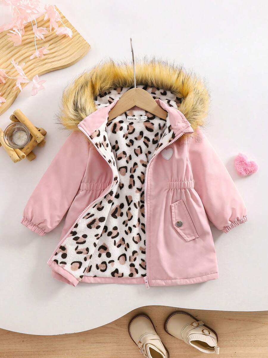 SHEIN Baby Girls Cute & Versatile Thermal Lined Hooded Jacket For Autumn/Winter - Pink - View 1