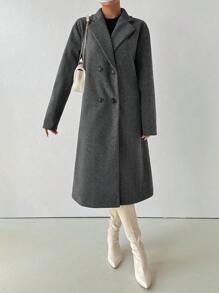 Chiquease 女士休闲纯色双排扣大衣，秋冬 - 灰色 - 查看 4