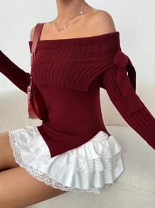 SHEIN Unity 女士露肩纯色侧开衩优雅毛衣，秋季 - 杏色 - 查看 5