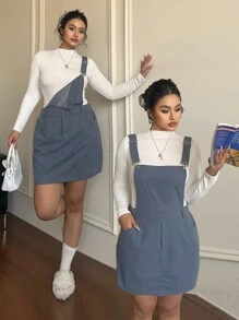 Flirla Fashionable Minimalist Vintage American College Style Adjustable Strap Fitted Dress For Plus Size - Grey - View 1