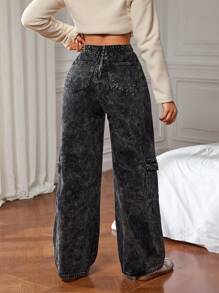 SHEIN ICON Women's Streetwear Solid Color Flap Pockets Loose Work Utility Baggy Wide Leg Jeans