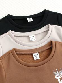 SHEIN Leap Crew 6 件装年轻男孩休闲学院风图案印花保暖内衬运动衫和裤子套装，舒适通勤、上学、日常休闲装，适合生日派对、晚会、婚礼、洗礼、返校，适合日常穿着、旅行、运动、秋冬 - 棕色 - 查看 7