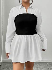 SHEIN Frenchy Plus Size Black & White Patchwork A-Line Dress, Fashionable Item For Autumn/Winter, Can Be Paired With Long Coats