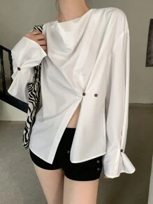 DAZY 1 pieza Blusa de mujer con cuello drapeado asimétrico y manga larga, con volantes - Blanco - Ver 3