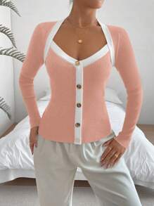 Chiquease Suéter de punto ajustado con bloqueo de color para uso casual y de oficina, jersey de punto de otoño/invierno - Rosa - Ver 6