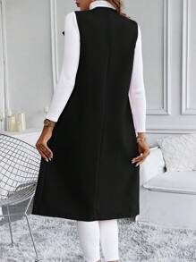 EMERY ROSE Áo khoác dài vừa phải không tay màu trơn giản dị, mùa thu/đông - màu đen - Xem 2