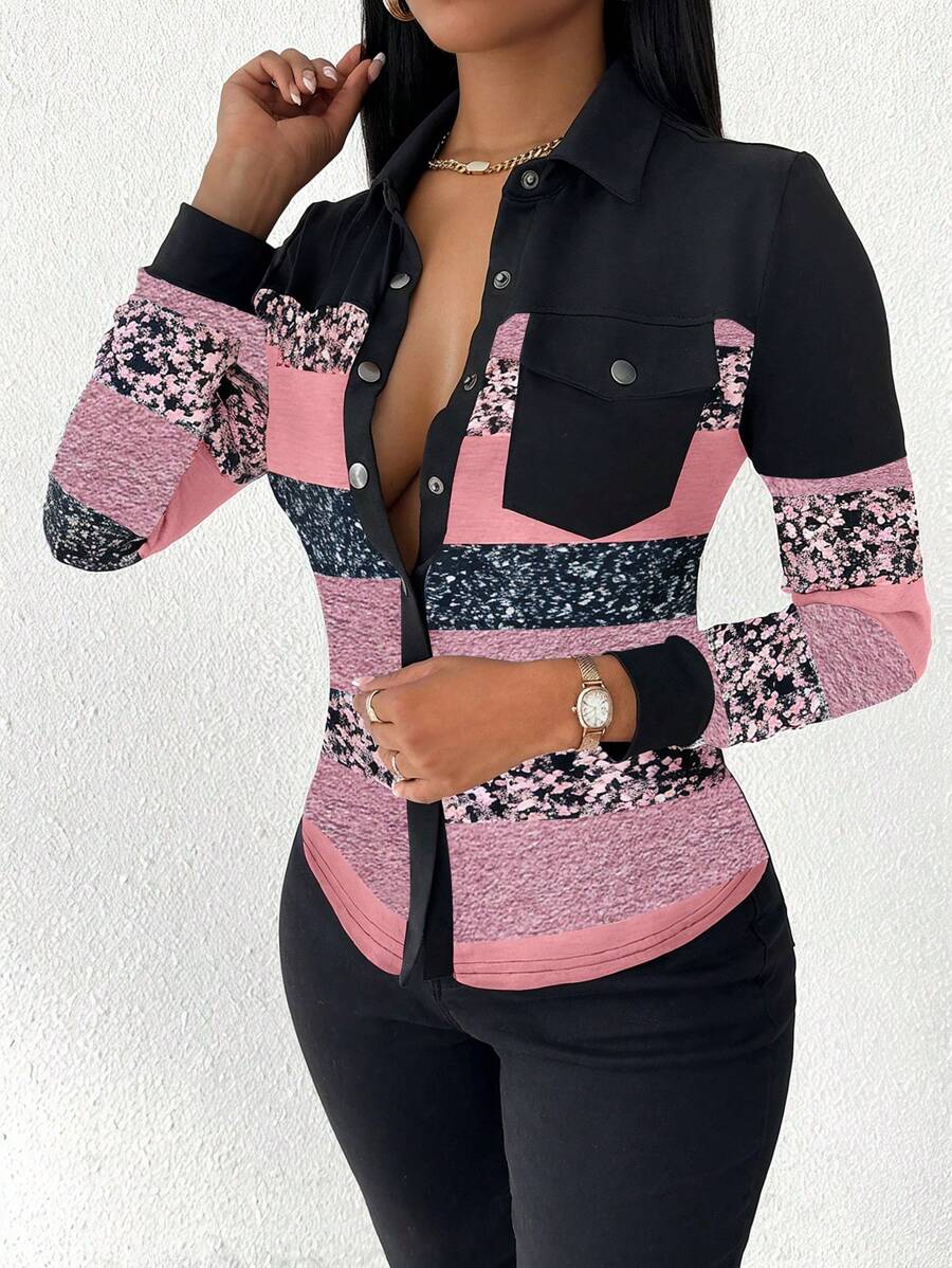 BamGleam Áo sơ mi sọc dài tay cài nút thời trang thường ngày cho nữ mùa thu, áo dài tay - Hồng - Xem 1