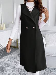 EMERY ROSE Áo khoác dài vừa phải không tay màu trơn giản dị, mùa thu/đông - màu đen - Xem 4