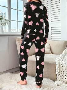 Bộ đồ ngủ tay dài in hình trái tim, đồ mặc ở nhà - Hồng - Xem 2